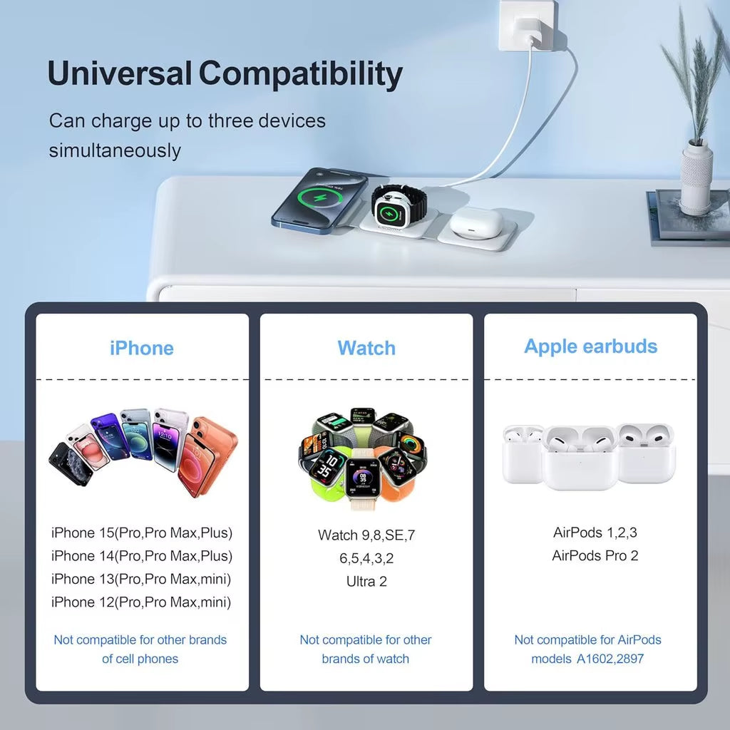 Foldable 3-In-1 Wireless Charging Station for Multiple Devices